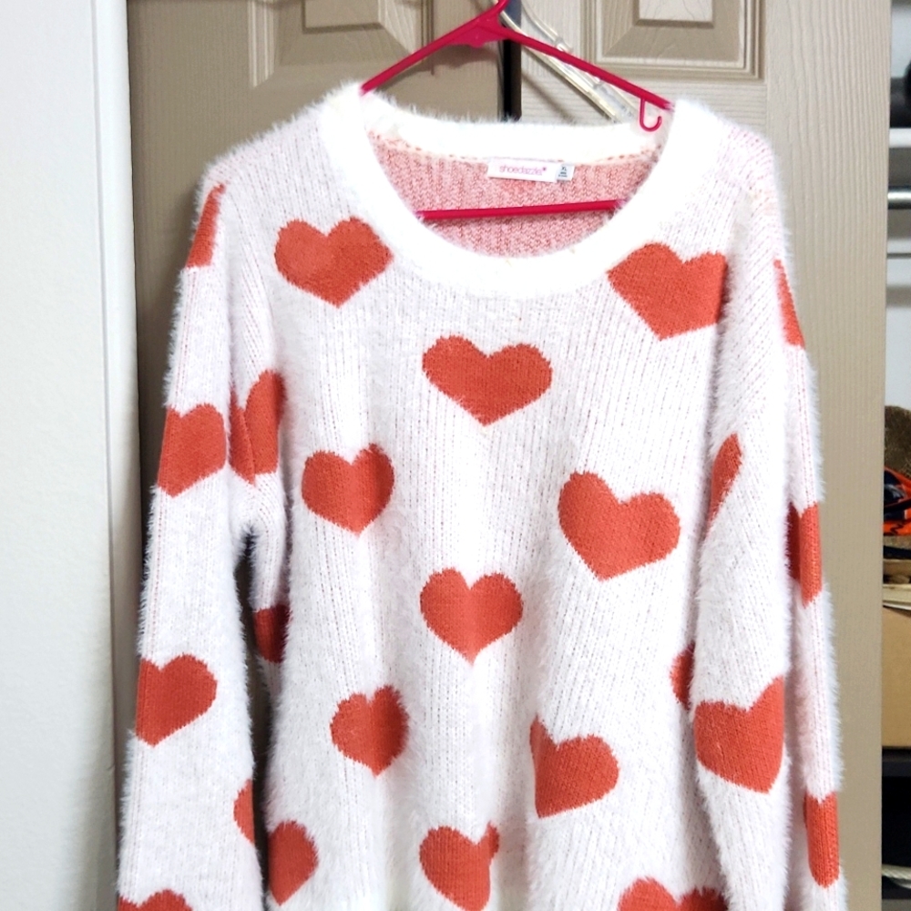 White with pink heart light sweater